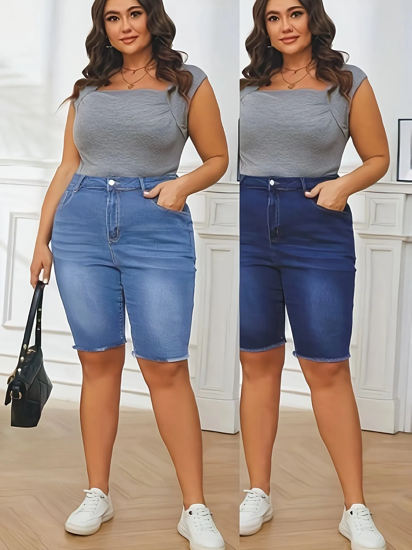 2-Pack Womens Plus Size Denim Shorts Set - Flattering Mid-Rise Bermuda Shorts with Trendy Frayed Hem, Comfortable & Stylish for Summer Fashion - Classic Blue