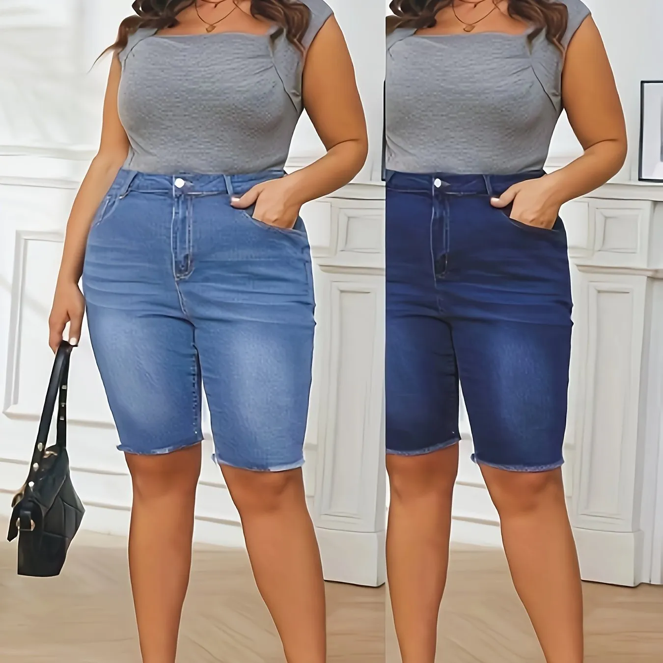 2-Pack Womens Plus Size Denim Shorts Set - Flattering Mid-Rise Bermuda Shorts with Trendy Frayed Hem, Comfortable & Stylish for Summer Fashion - Classic Blue