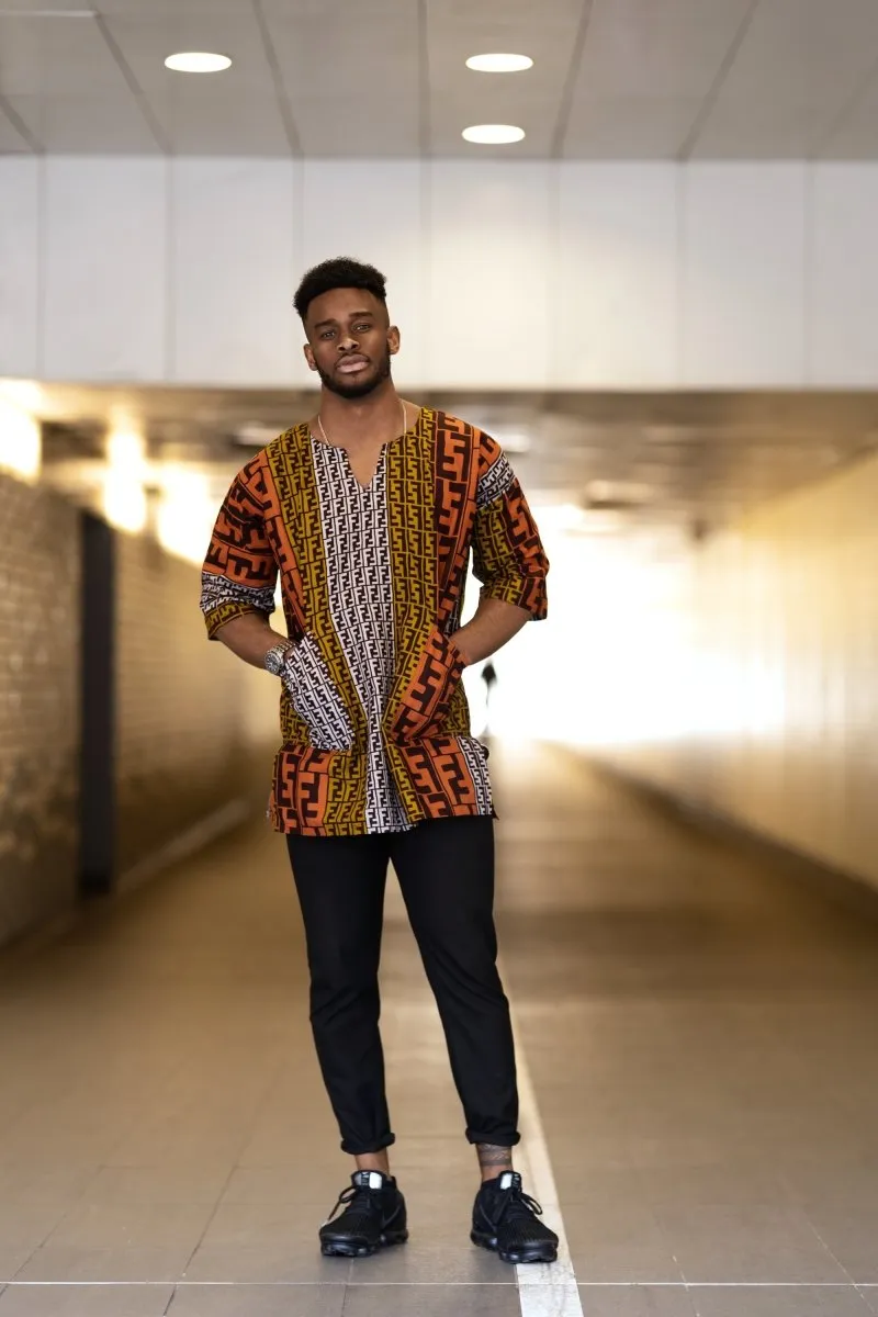 African Shirt in Earthy Mud Cloth