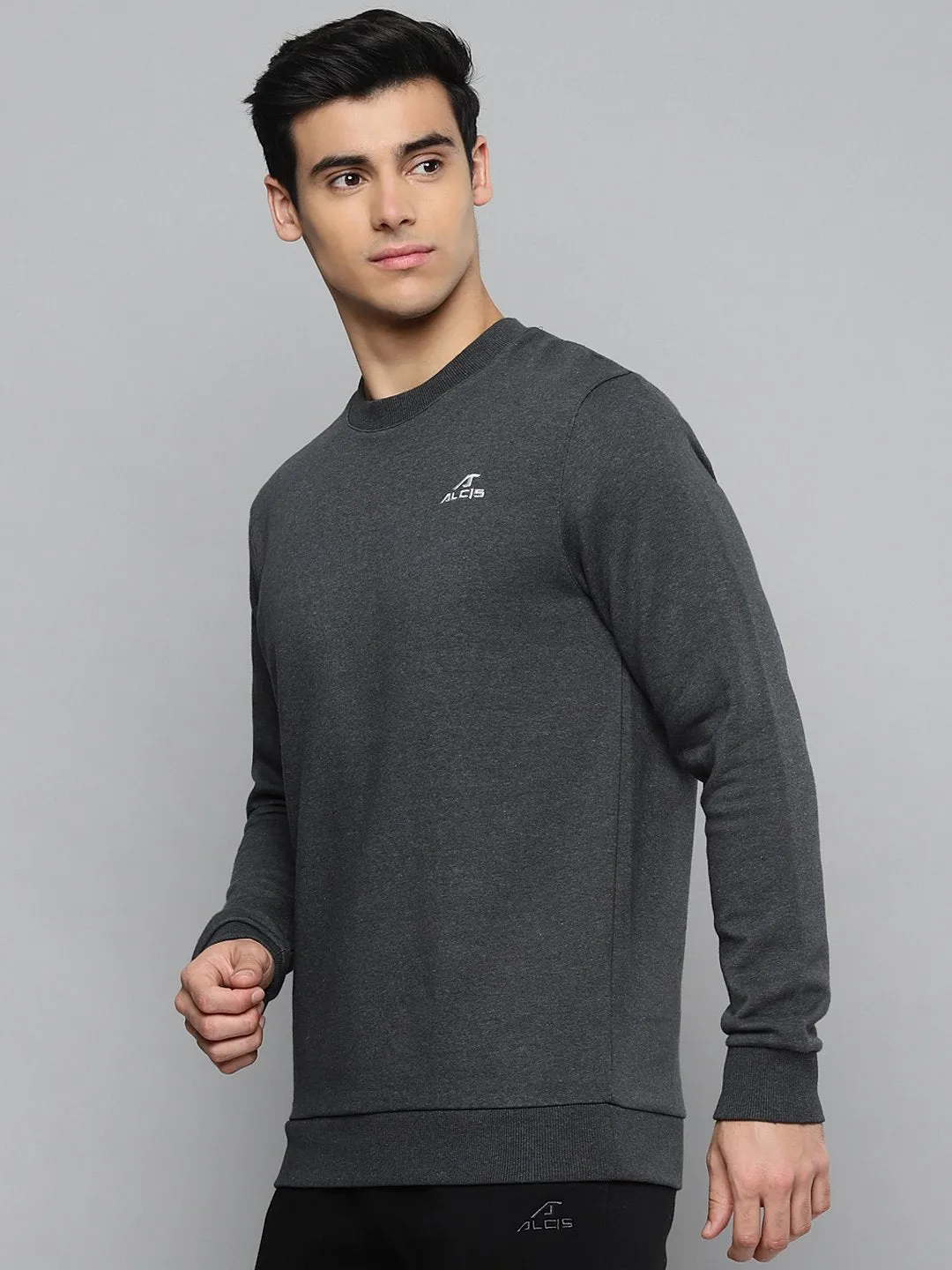 Alcis Men Charcoal Grey Solid Cotton Sweatshirt