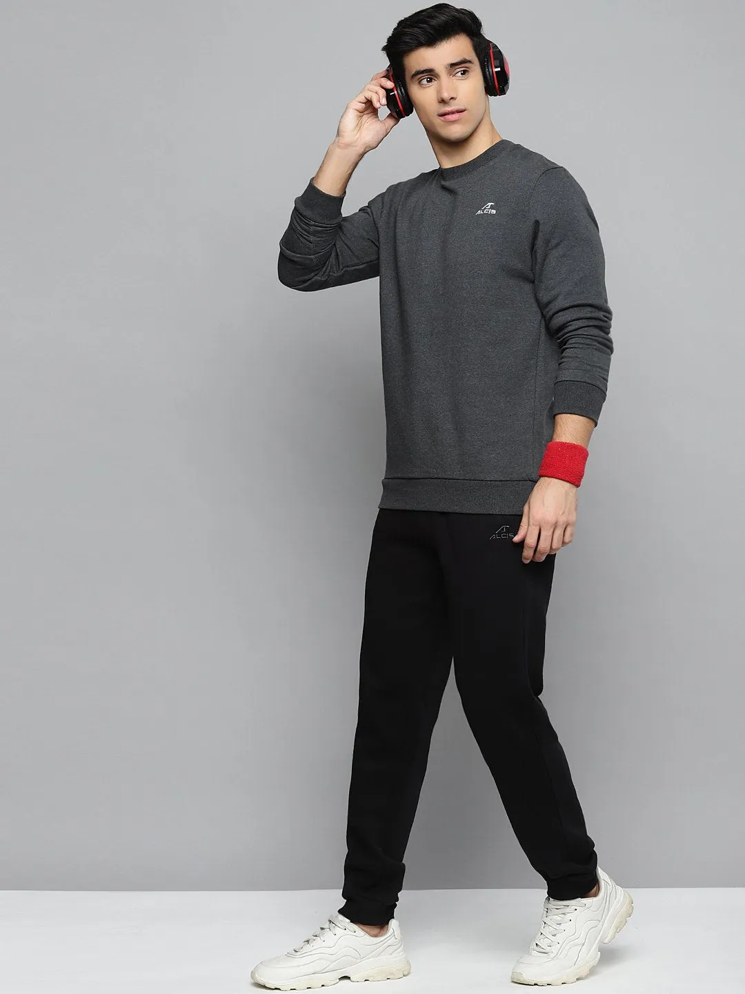 Alcis Men Charcoal Grey Solid Cotton Sweatshirt