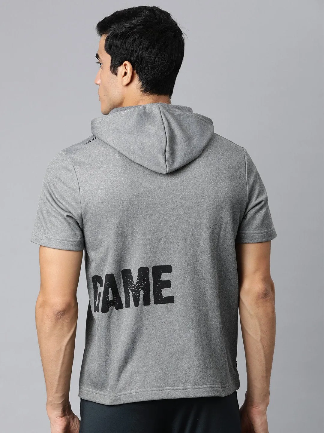 Alcis Men Grey & Black Placement Print Hooded Sweatshirt