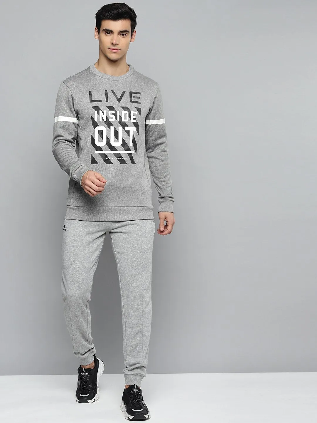 Alcis Men Grey Melange & White Typography Printed Sweatshirt