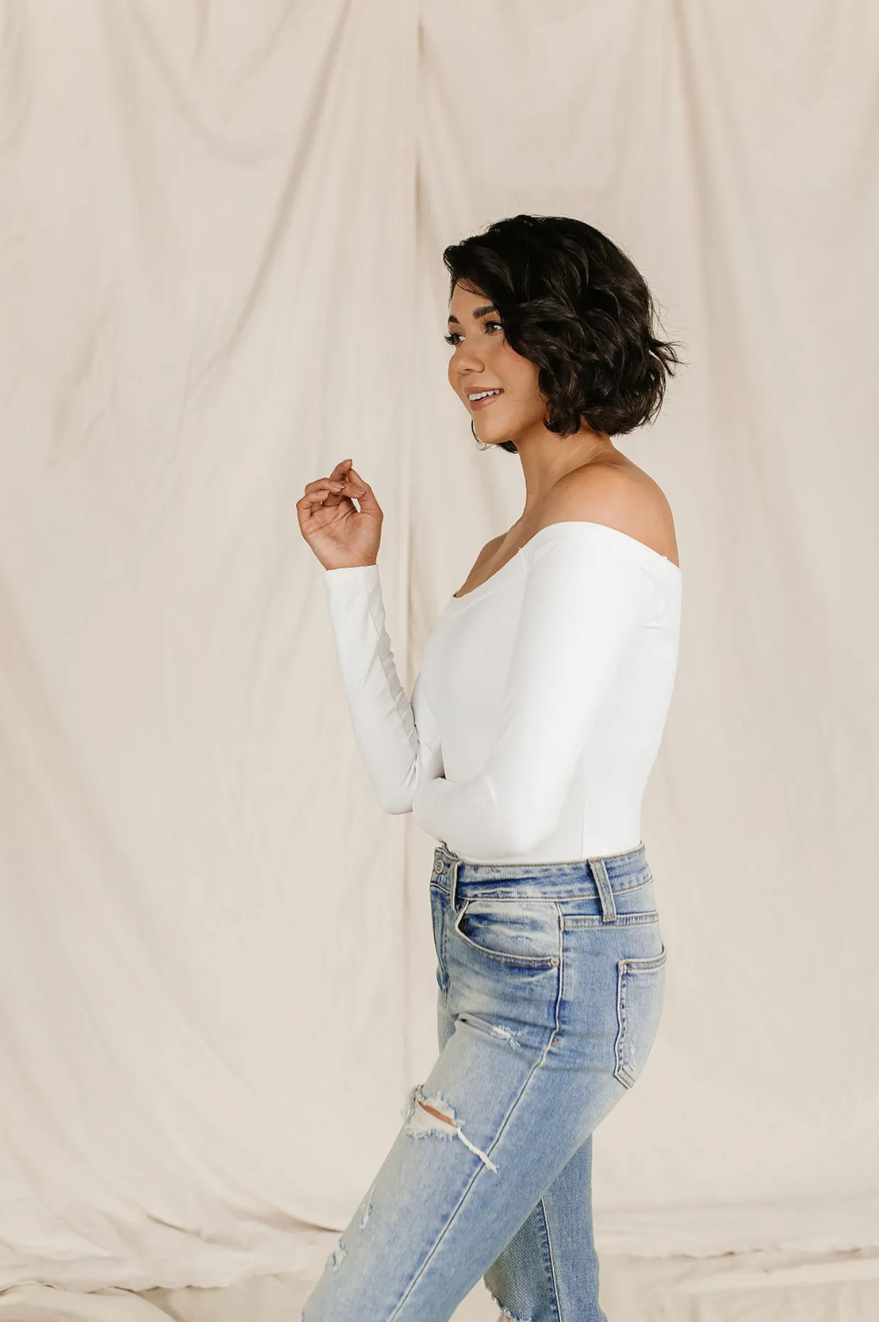 Ampersand Bodysuit Off the Shoulder Long Sleeve Crew Top, White