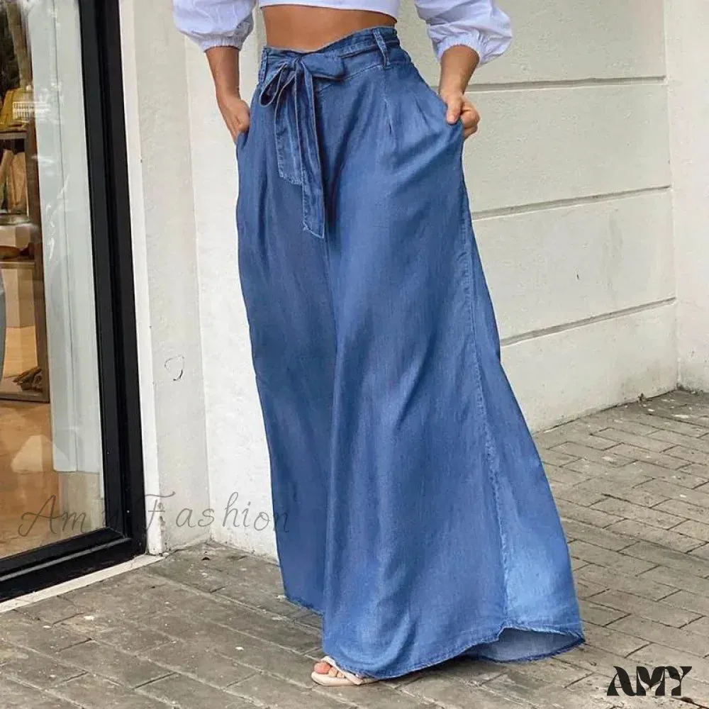 Amy Fashion - 2024 Women Long High Waist Fashion Belted Casual Loose Solid Streetwear Skirt Jean