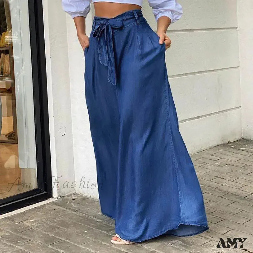 Amy Fashion - 2024 Women Long High Waist Fashion Belted Casual Loose Solid Streetwear Skirt Jean