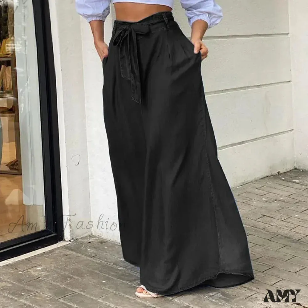 Amy Fashion - 2024 Women Long High Waist Fashion Belted Casual Loose Solid Streetwear Skirt Jean