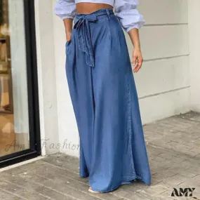 Amy Fashion - 2024 Women Long High Waist Fashion Belted Casual Loose Solid Streetwear Skirt Jean