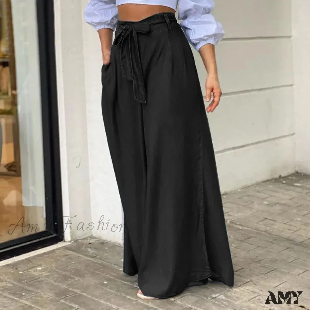 Amy Fashion - 2024 Women Long High Waist Fashion Belted Casual Loose Solid Streetwear Skirt Jean