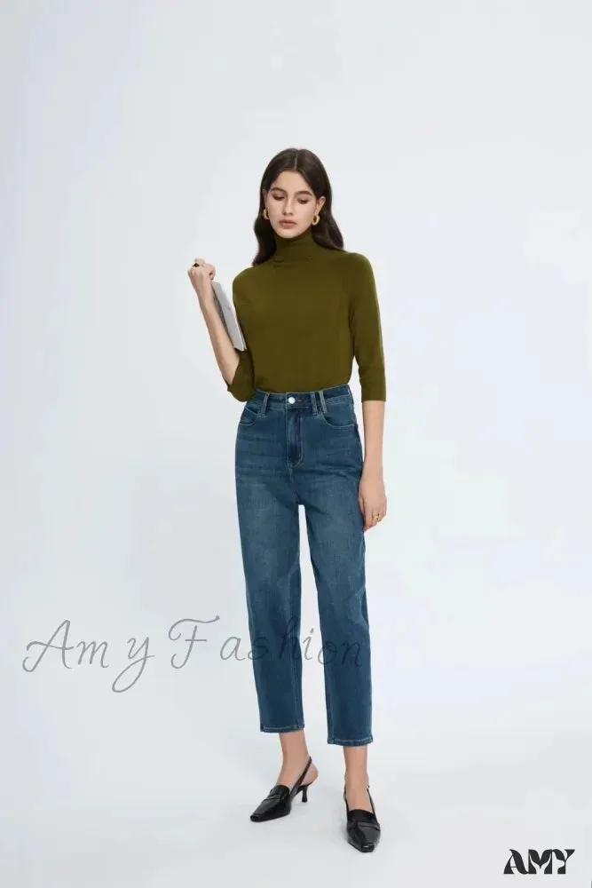 Amy Fashion - Spring New High Waist Retro Washed Blue Straight Jean