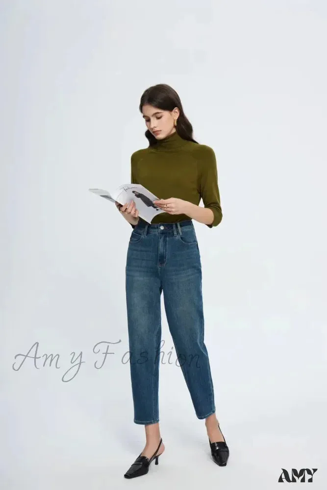 Amy Fashion - Spring New High Waist Retro Washed Blue Straight Jean