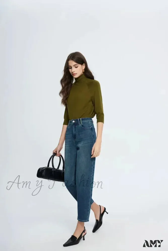 Amy Fashion - Spring New High Waist Retro Washed Blue Straight Jean