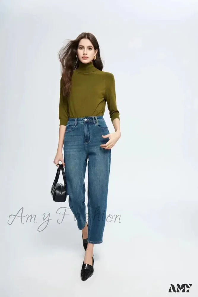 Amy Fashion - Spring New High Waist Retro Washed Blue Straight Jean