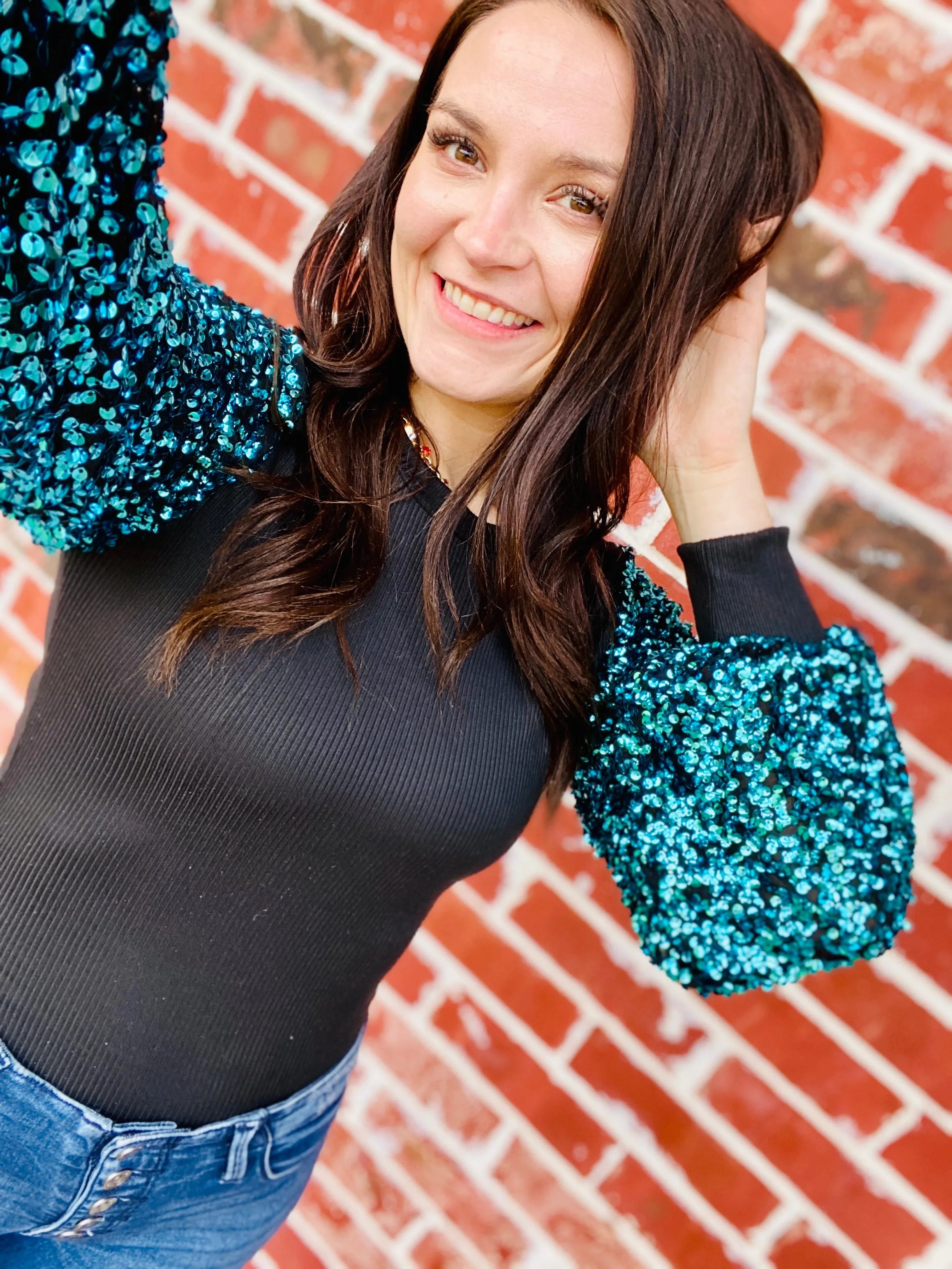 Aqua Sequin Bubble Sleeve Bodysuit