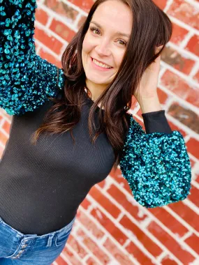 Aqua Sequin Bubble Sleeve Bodysuit