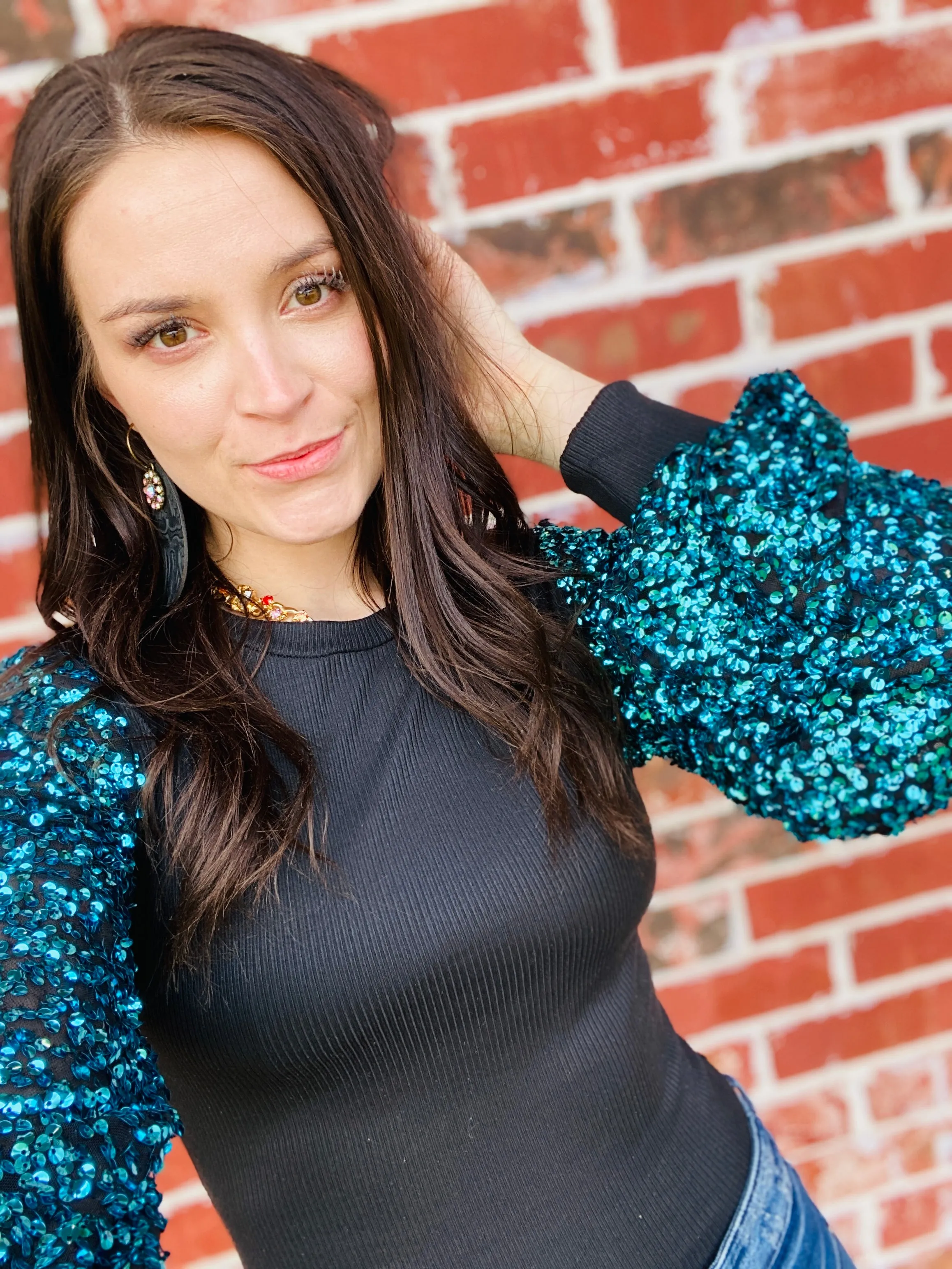 Aqua Sequin Bubble Sleeve Bodysuit