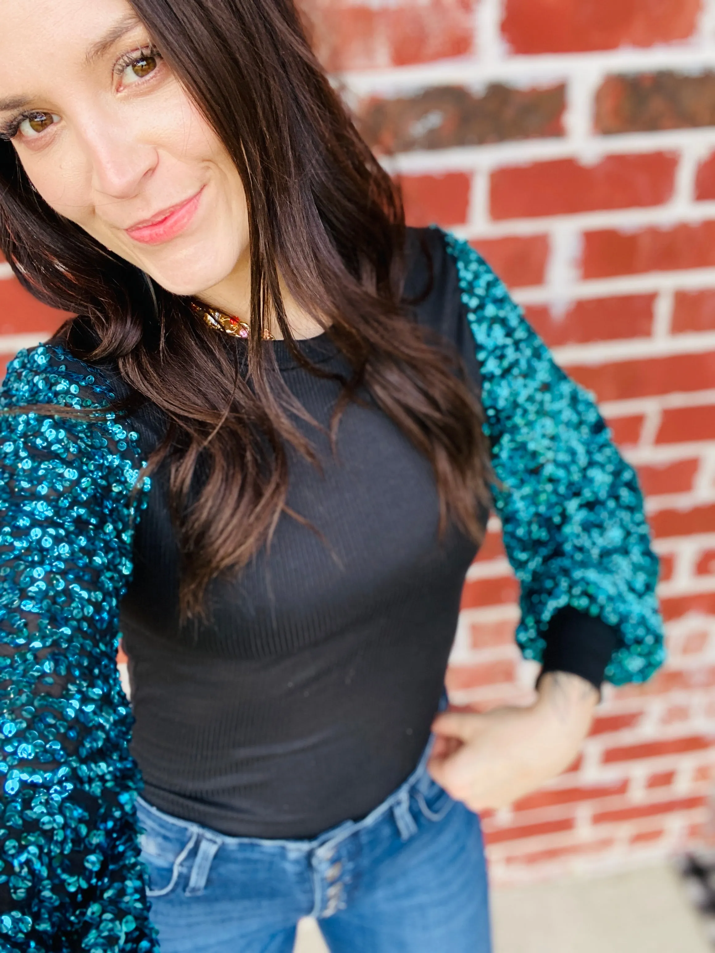 Aqua Sequin Bubble Sleeve Bodysuit