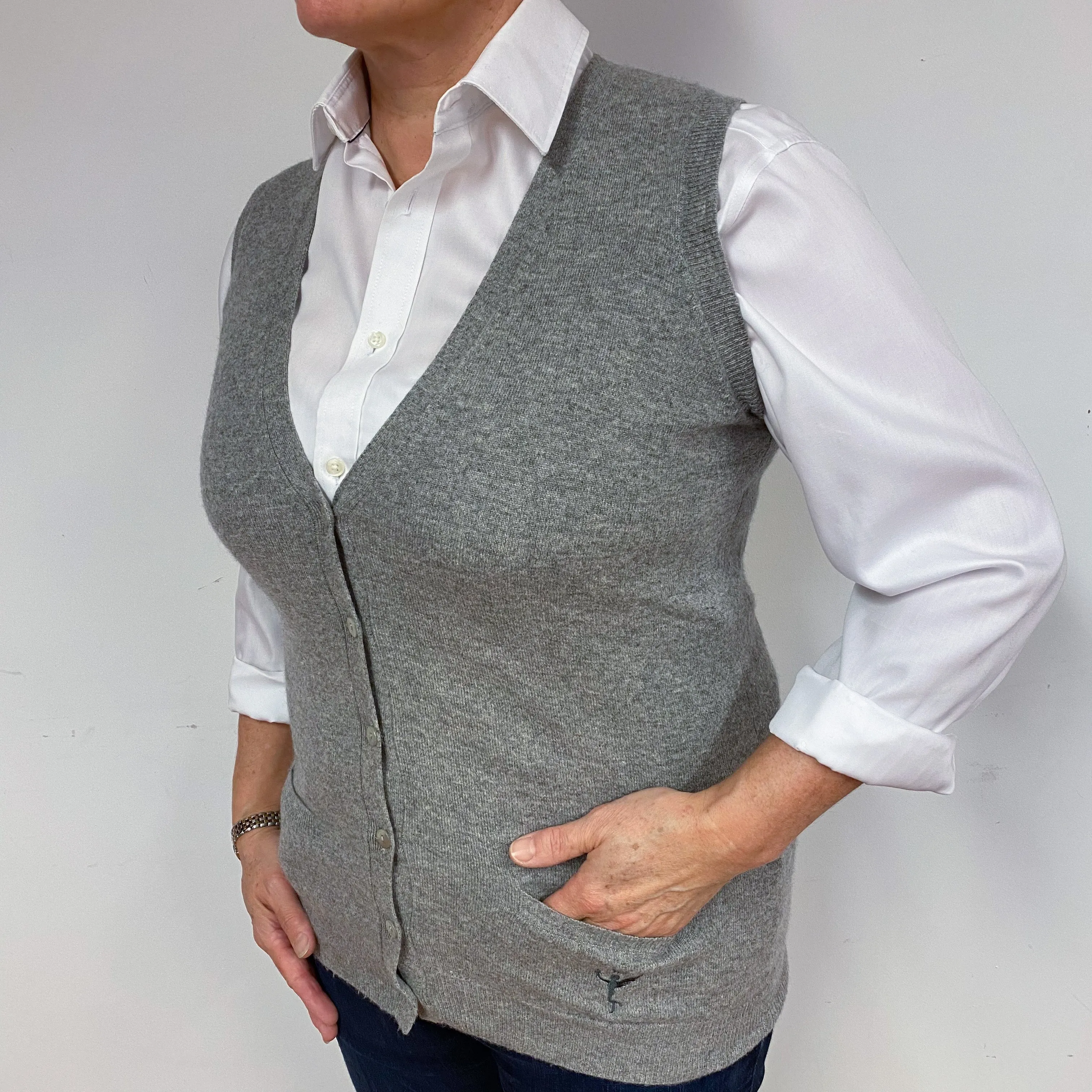 Ash Grey Sleeveless Cashmere V-Neck Cardigan Large