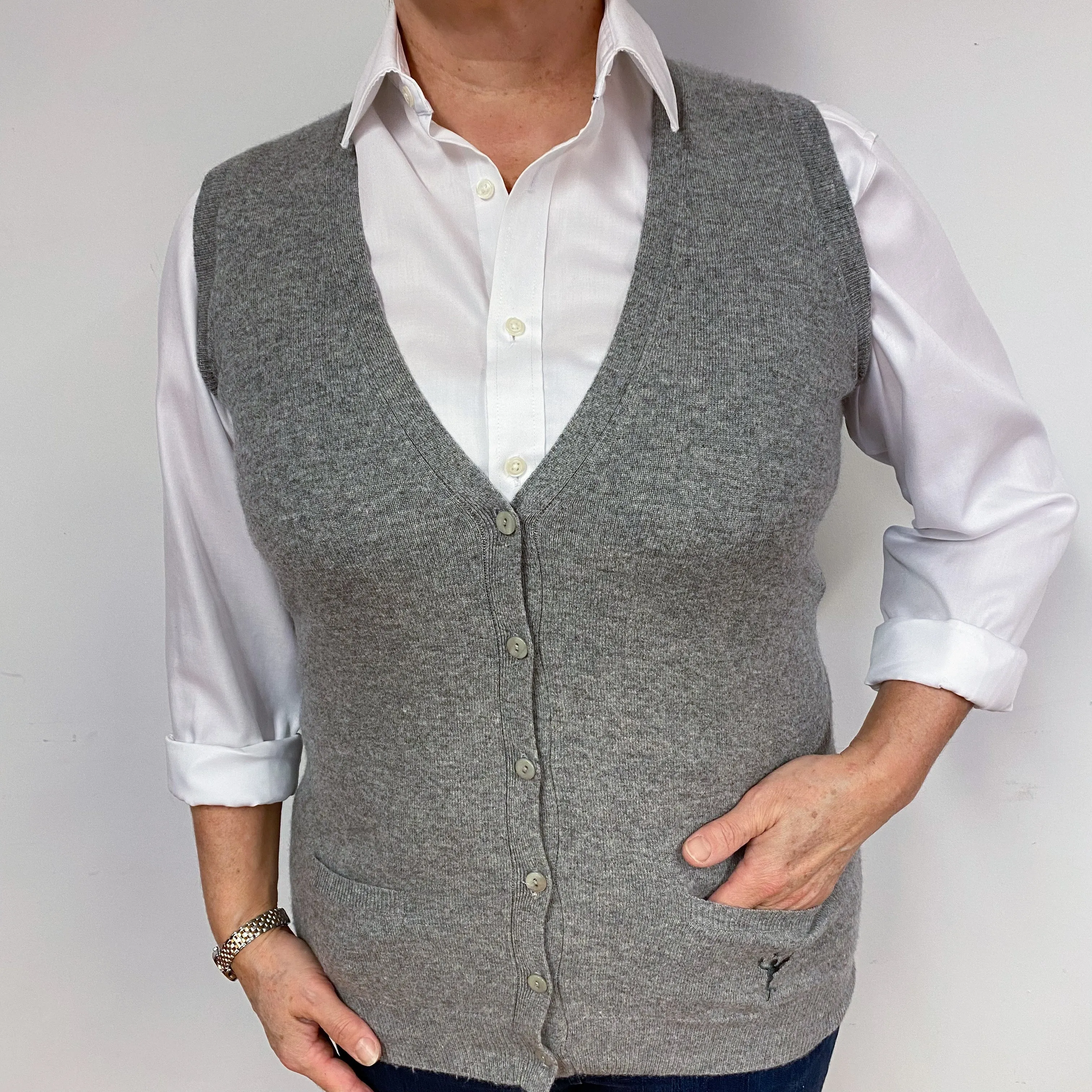 Ash Grey Sleeveless Cashmere V-Neck Cardigan Large