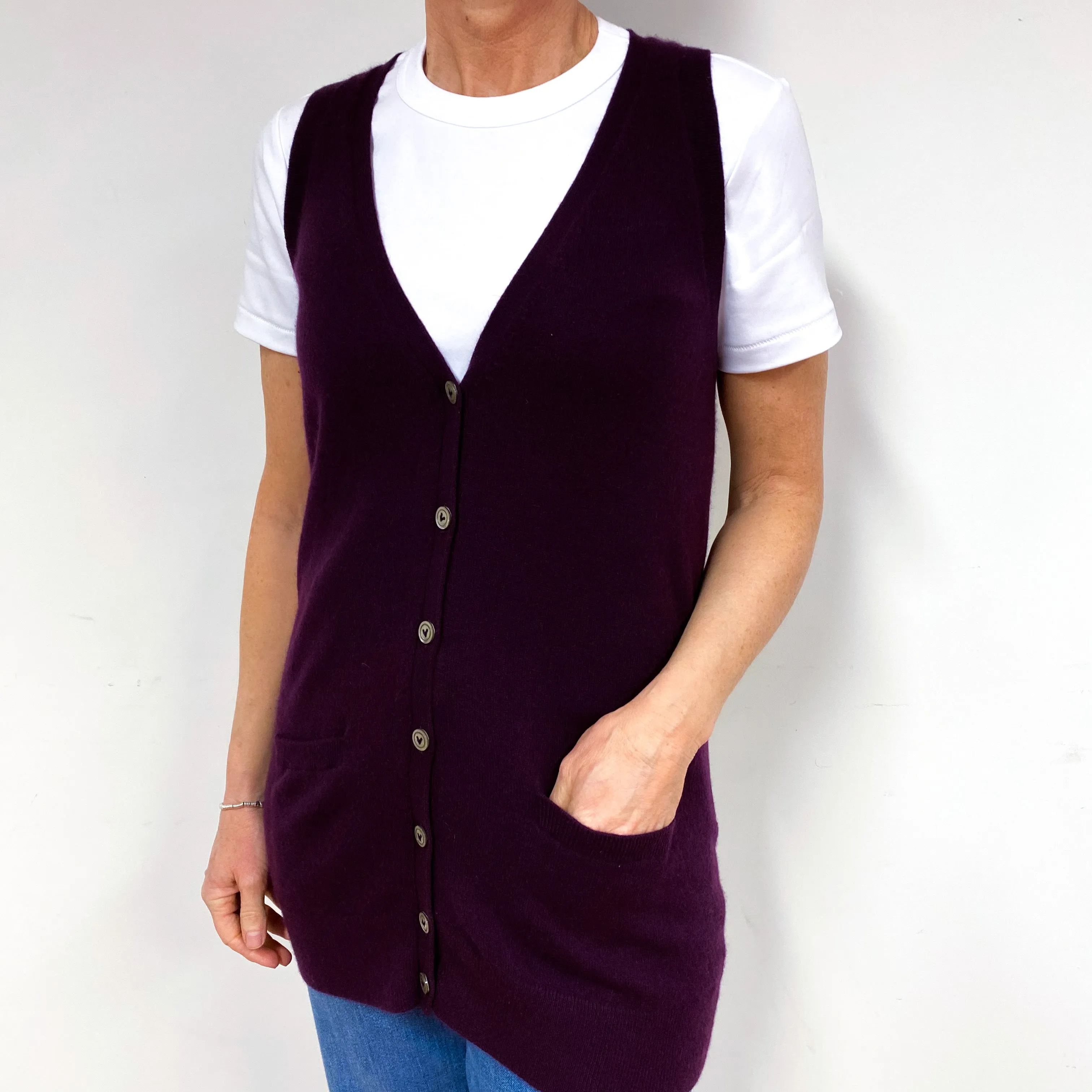 Aubergine Purple Cashmere Sleeveless Cardigan Medium