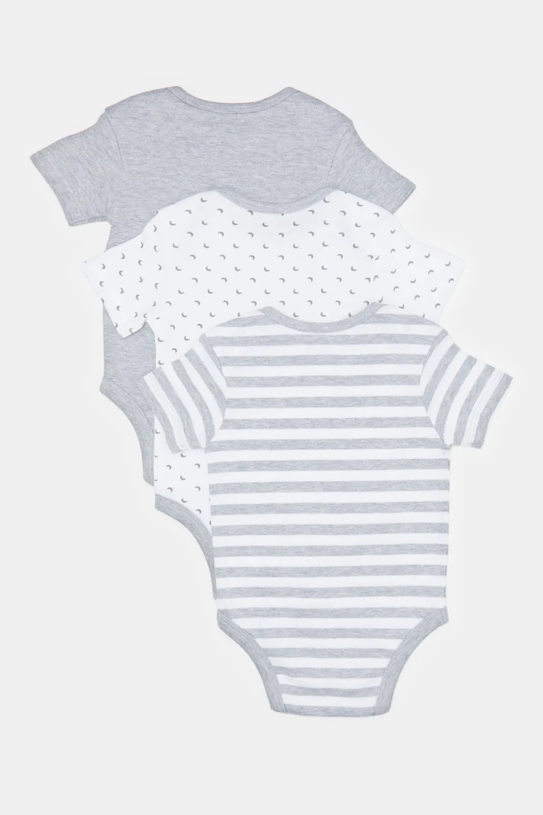 Babies White And Grey Printed Bodysuit Set (Pack Of 3)