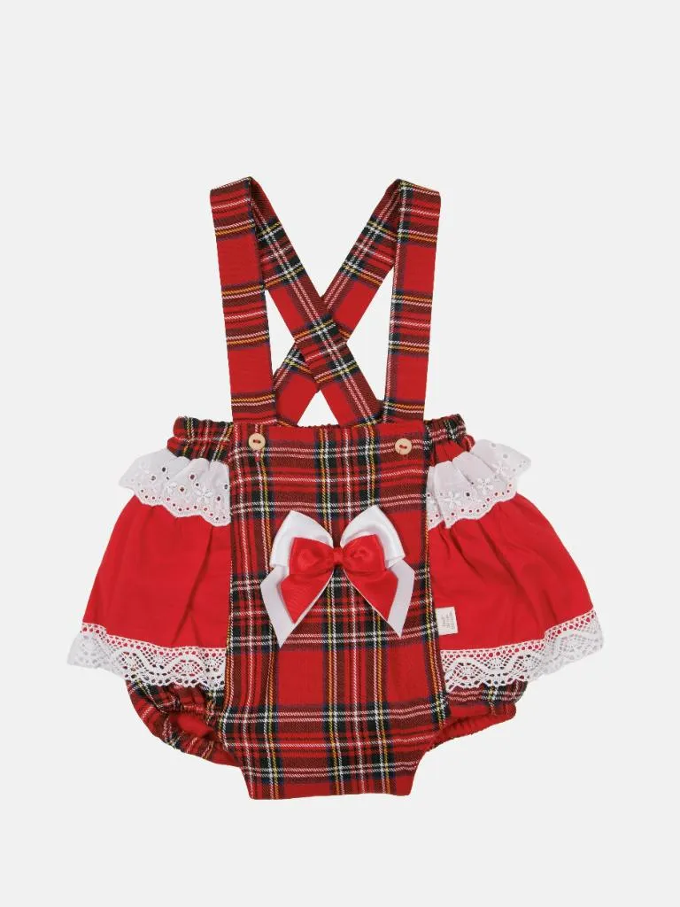 Baby Girl Winter Wonderland Collection Tartan Romper with Frills, Lace and Bows-Tartan and white collar