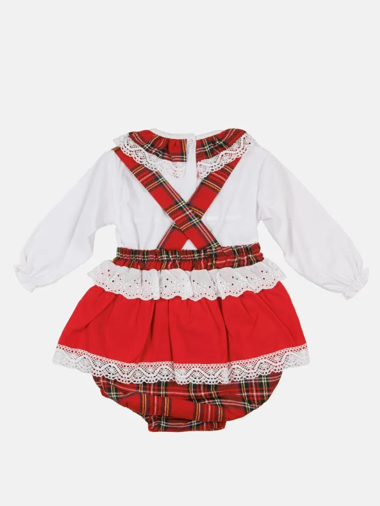 Baby Girl Winter Wonderland Collection Tartan Romper with Frills, Lace and Bows-Tartan and white collar