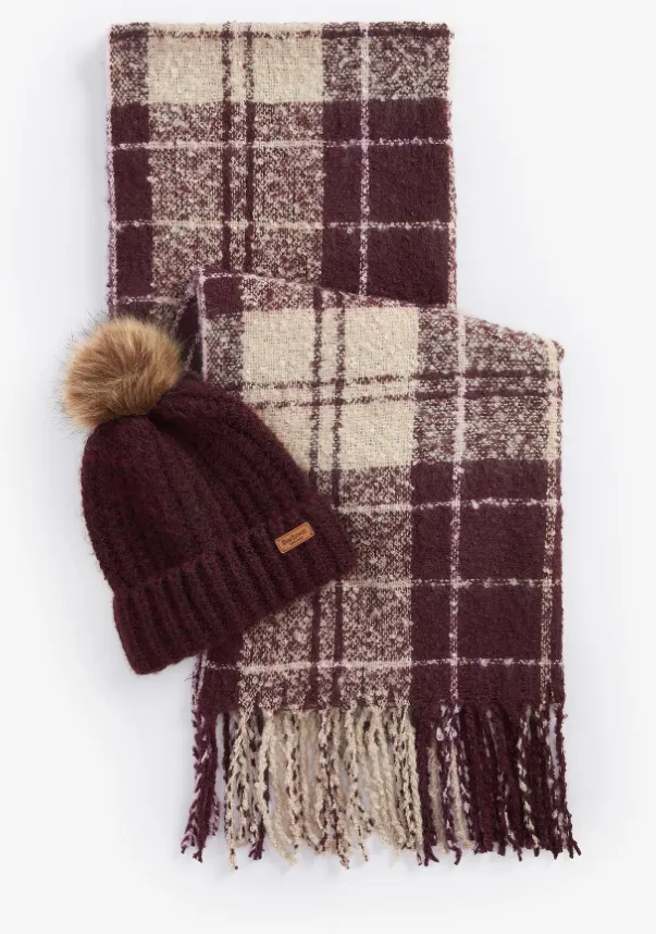 Barbour Womens Saltburn Beanie & Tartan Scarf Gift Set Cabernet