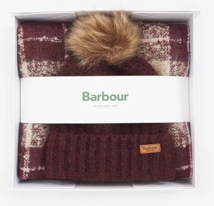 Barbour Womens Saltburn Beanie & Tartan Scarf Gift Set Cabernet