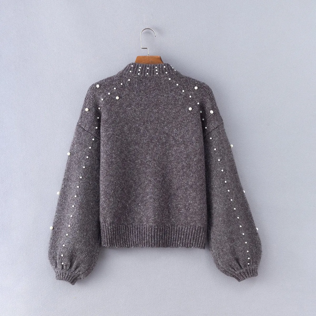 Bead Lantern Sleeve Knitted Sweater Pullover