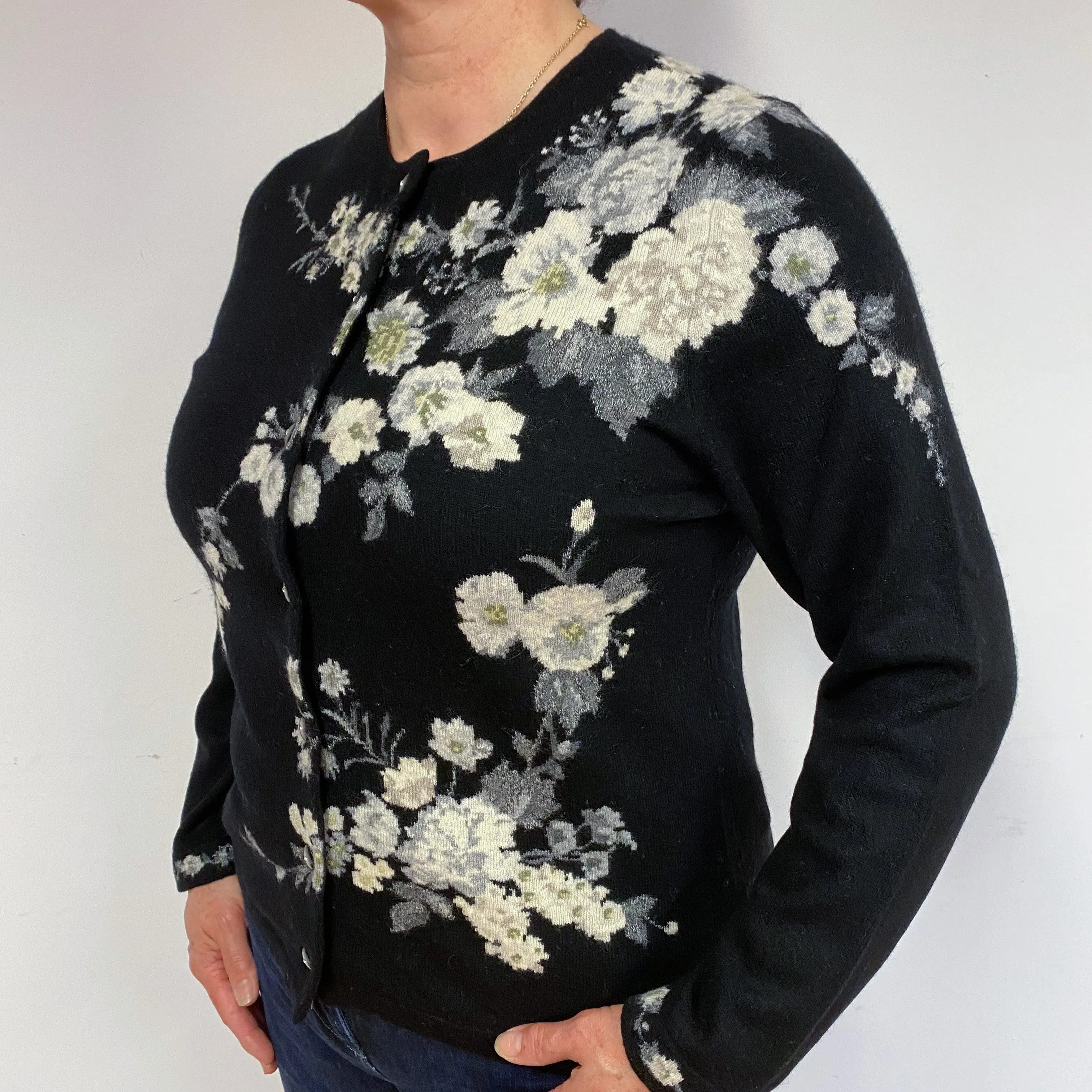 Black Floral Cashmere Crew Neck Cardigan Large