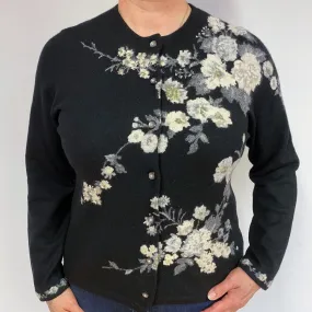 Black Floral Cashmere Crew Neck Cardigan Large