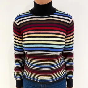 Black Multicoloured Striped Cashmere Polo Neck Jumper Medium