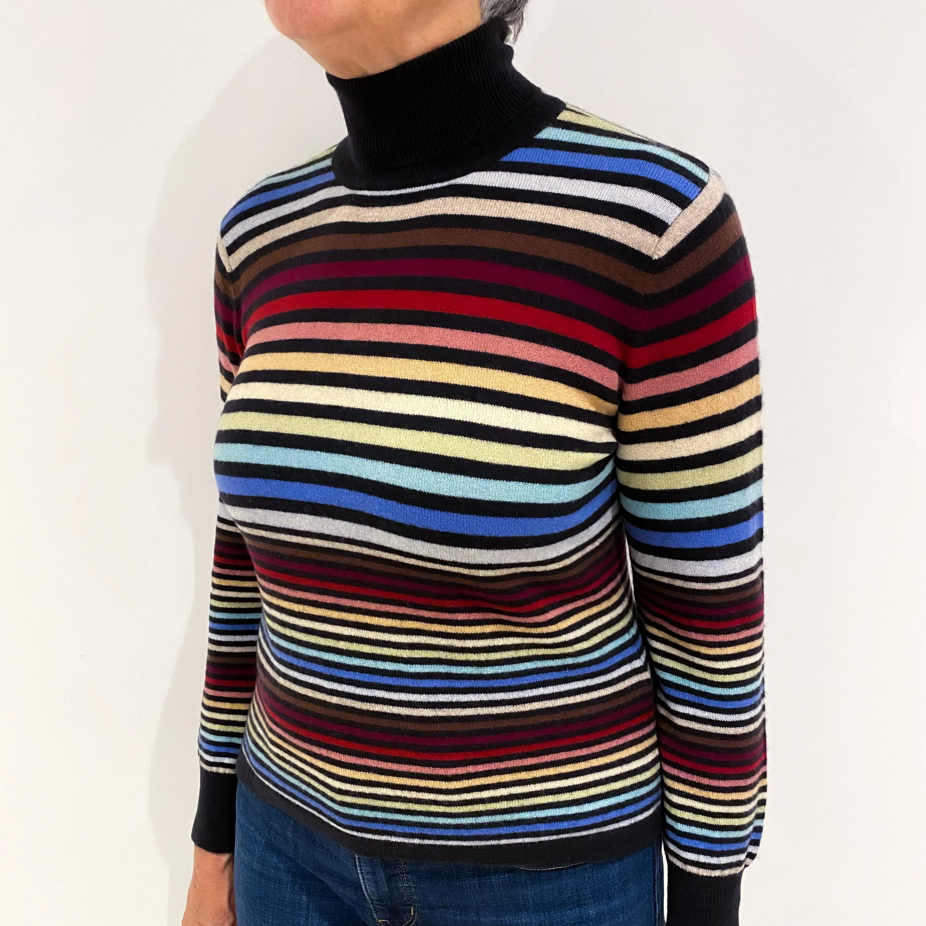 Black Multicoloured Striped Cashmere Polo Neck Jumper Medium