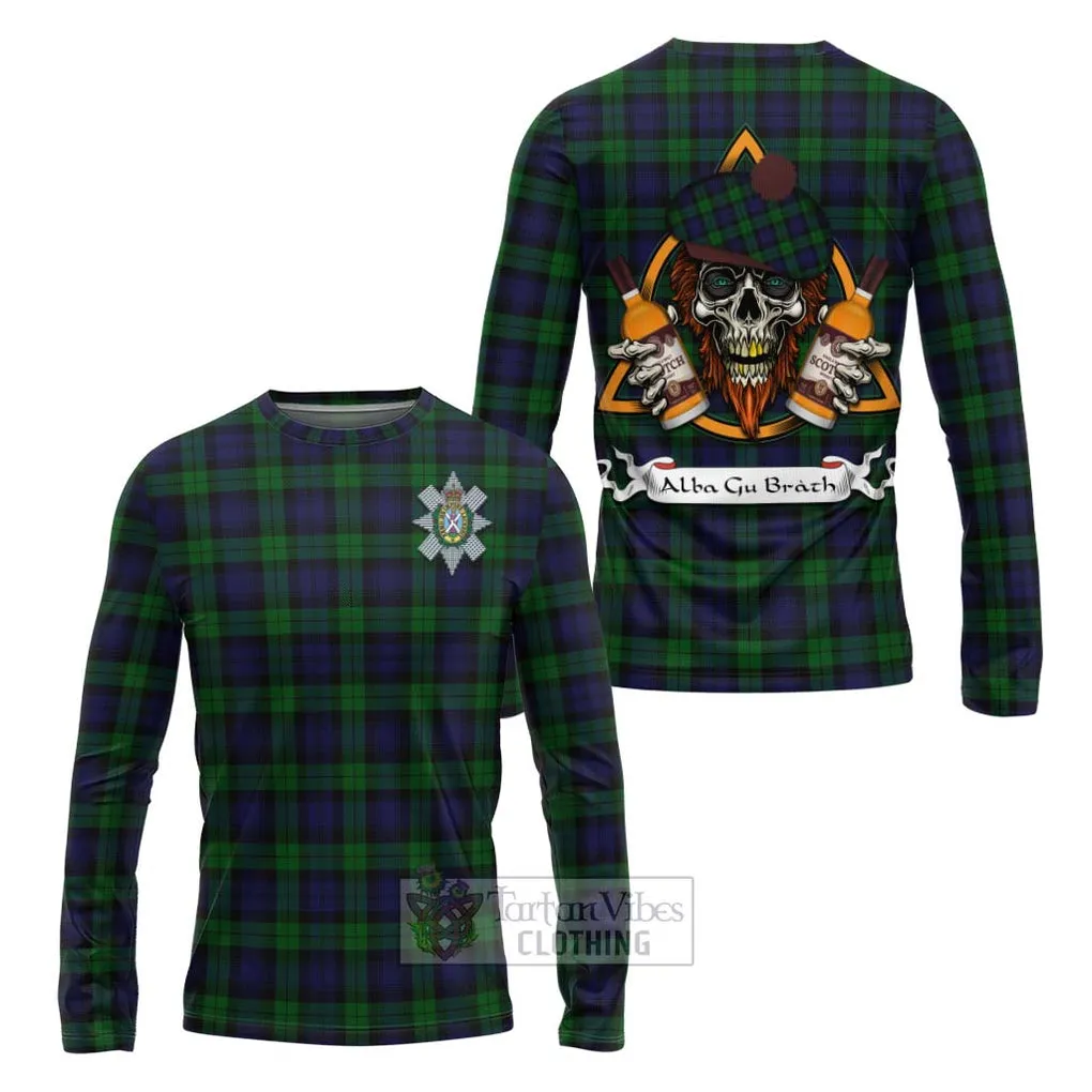 Black Watch Tartan Long Sleeve T-Shirt with Family Crest and Bearded Skull Holding Bottles of Whiskey