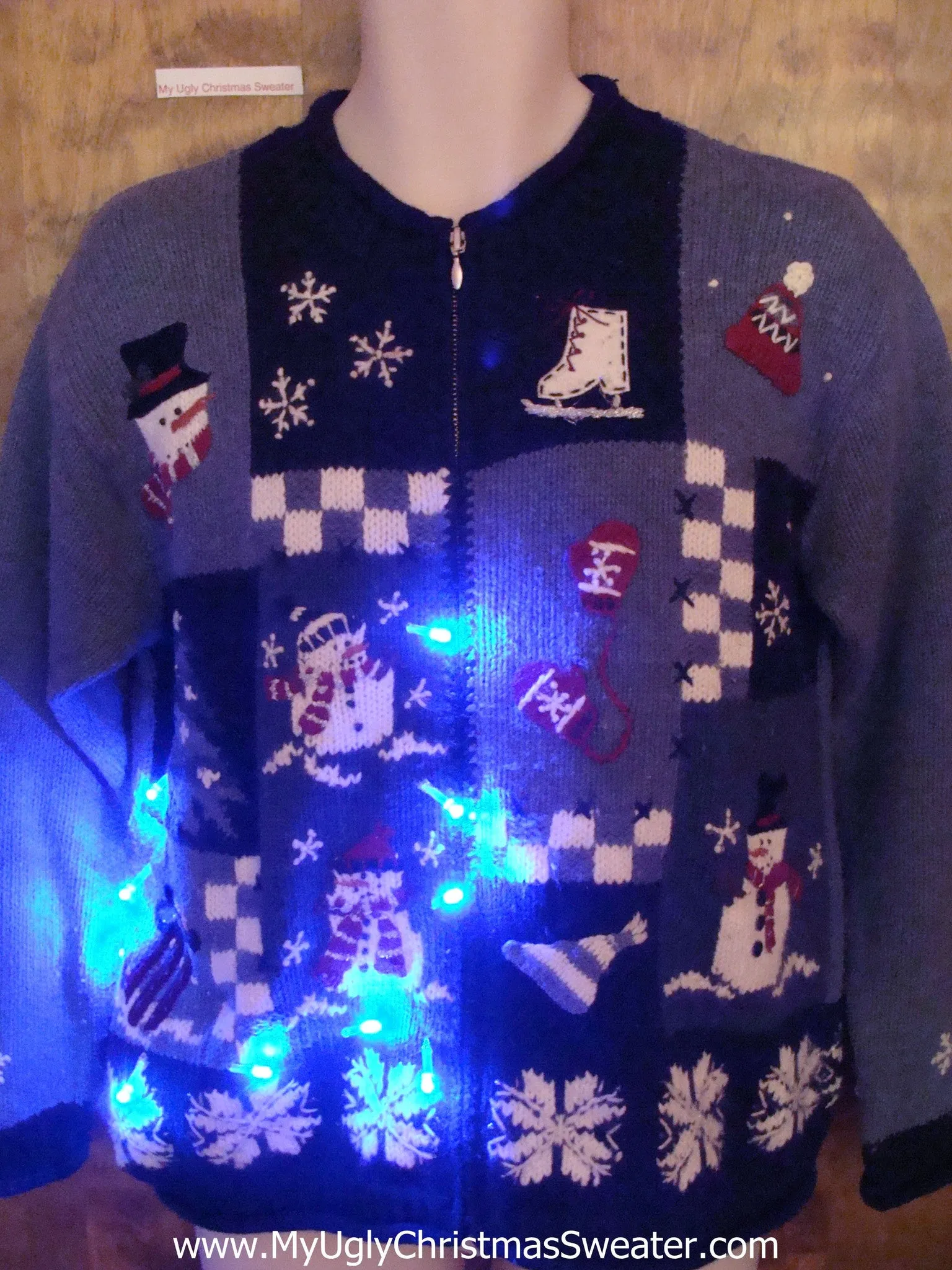 Blue Checkerboard and Snowmen Light Up Ugly Xmas Sweater