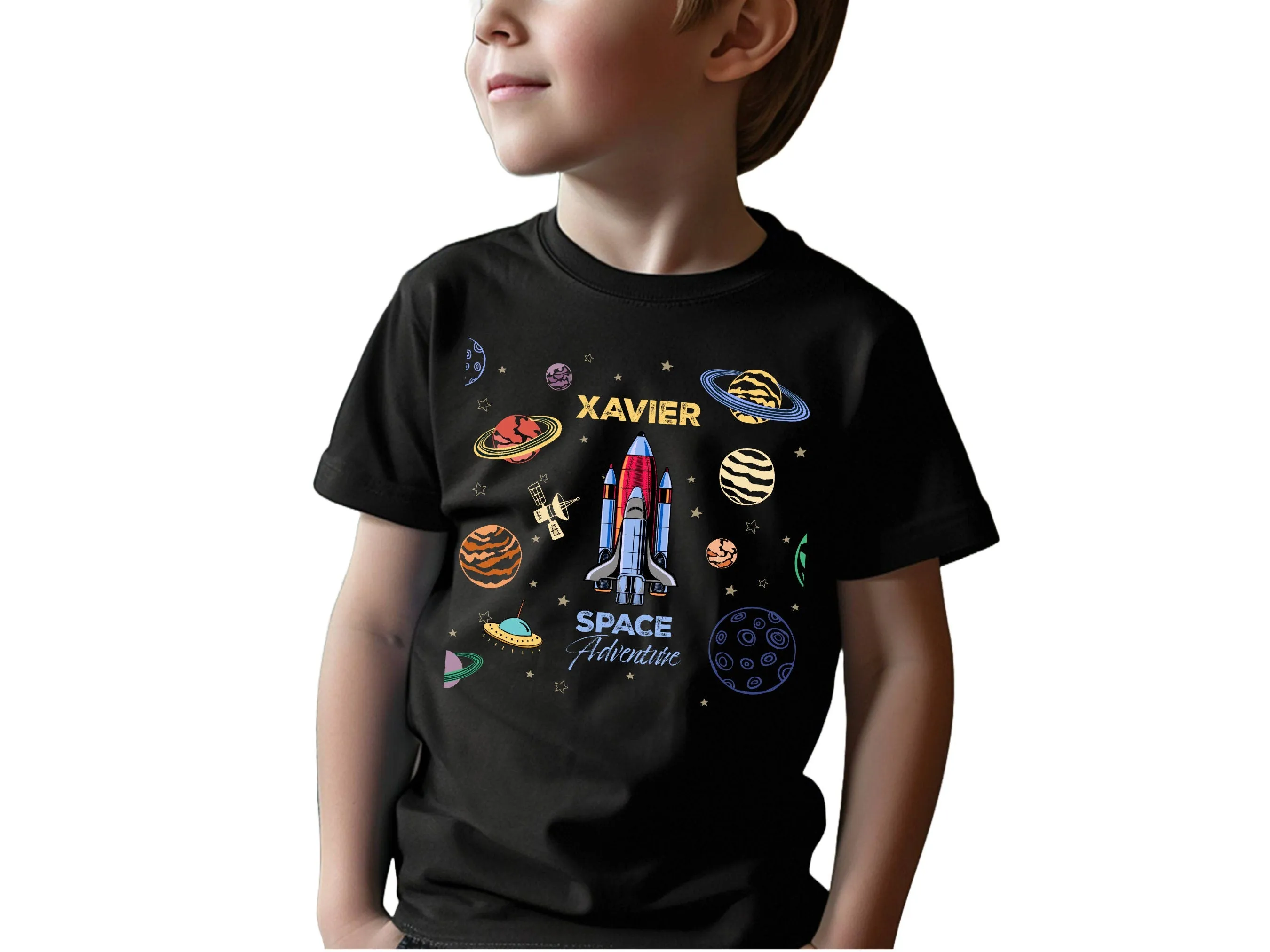 Boys Custom Space Adventure Sports Shirt - 5th Birthday Gift Cotton Tee for Boy, Short Sleeve Personalize Boy Sports T-Shirt with Your Name