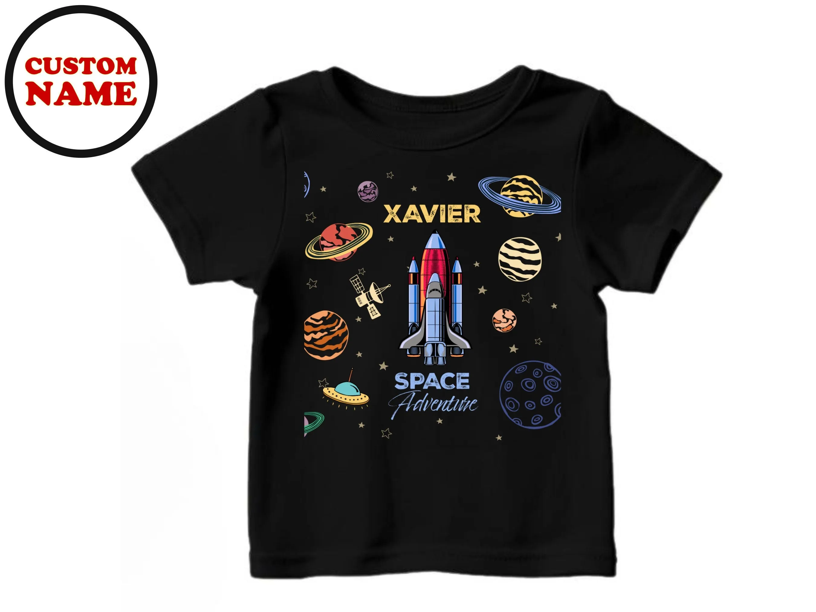 Boys Custom Space Adventure Sports Shirt - 5th Birthday Gift Cotton Tee for Boy, Short Sleeve Personalize Boy Sports T-Shirt with Your Name