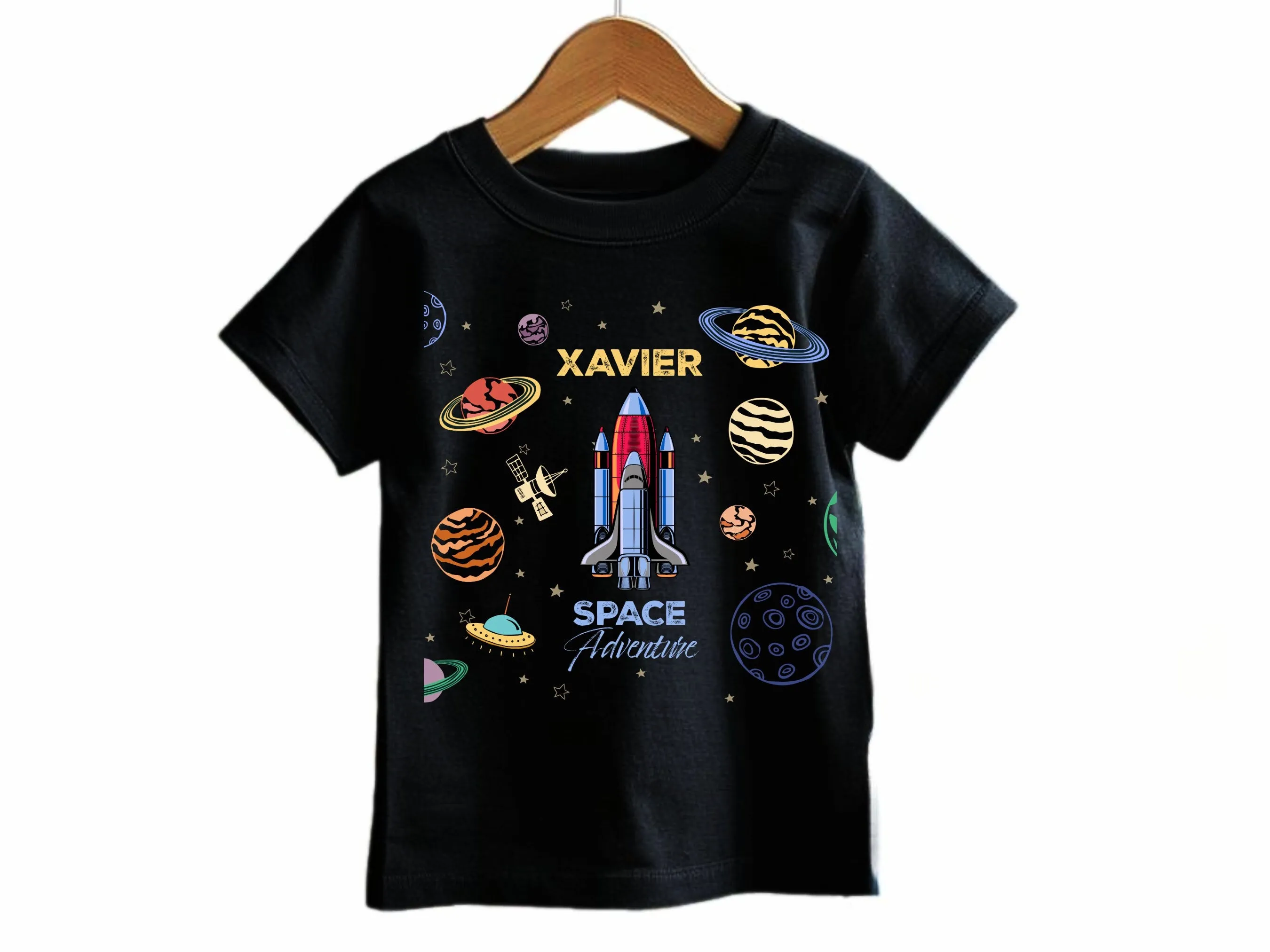 Boys Custom Space Adventure Sports Shirt - 5th Birthday Gift Cotton Tee for Boy, Short Sleeve Personalize Boy Sports T-Shirt with Your Name