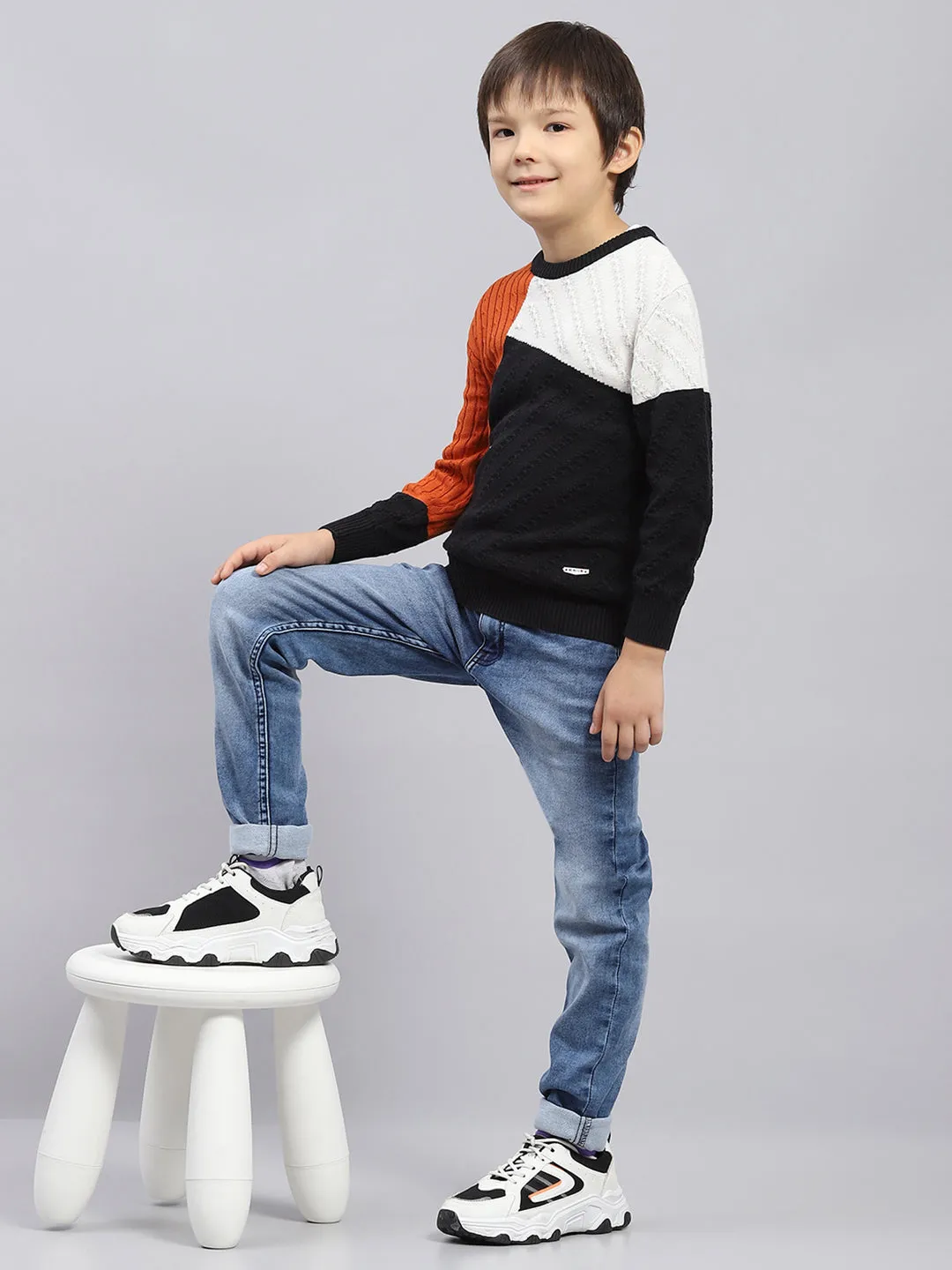 Boys Rust & Black Self Design Round Neck Full Sleeve Pullover