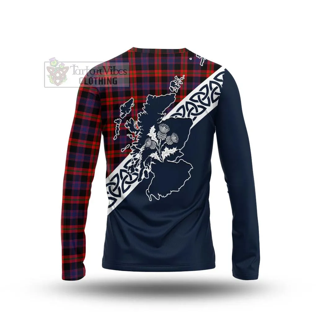 Brown (Broun) Tartan Long Sleeve T-Shirt Featuring Thistle and Scotland Map