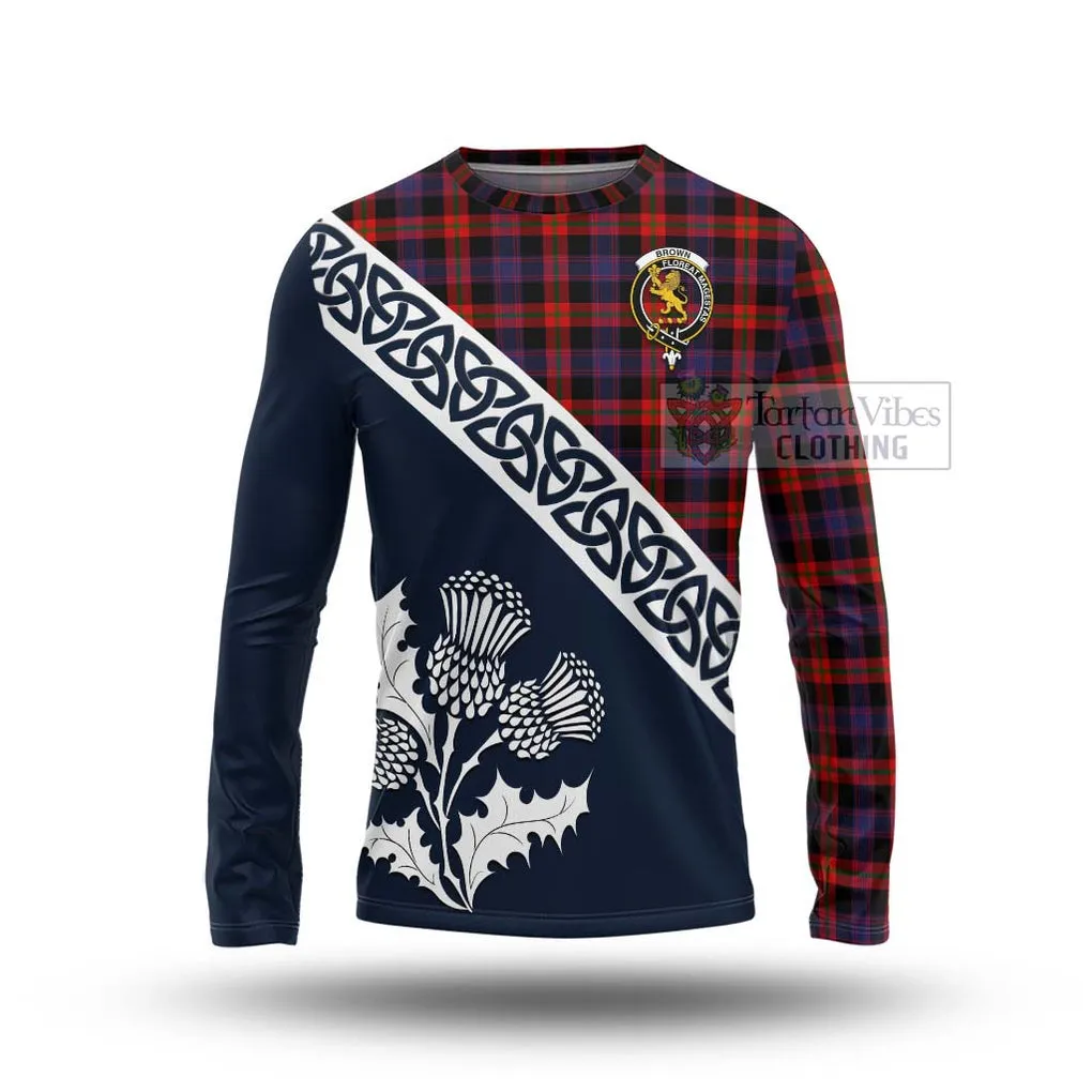 Brown (Broun) Tartan Long Sleeve T-Shirt Featuring Thistle and Scotland Map