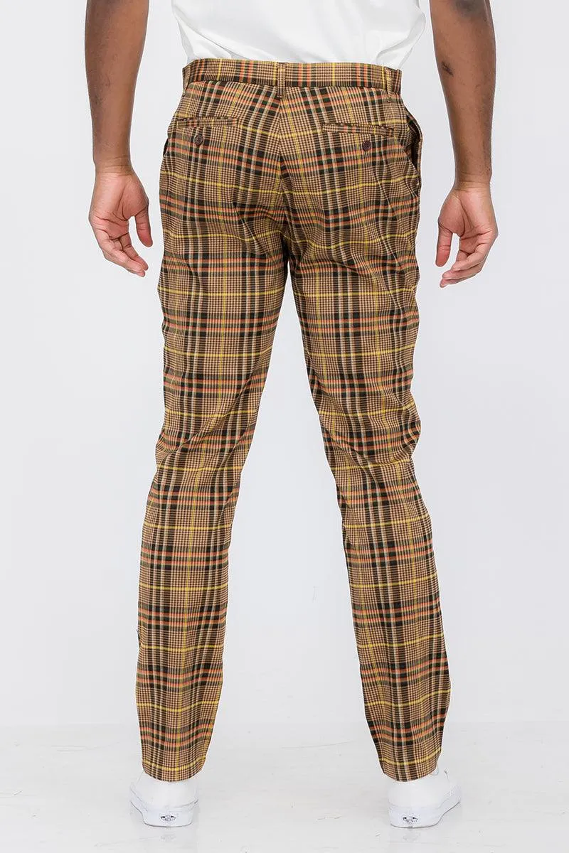 Brown Plaid Slim Fit Trouser Pants