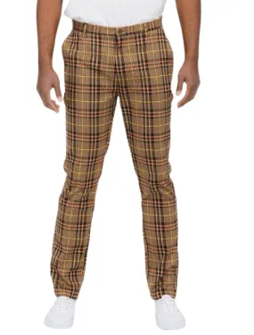 Brown Plaid Slim Fit Trouser Pants