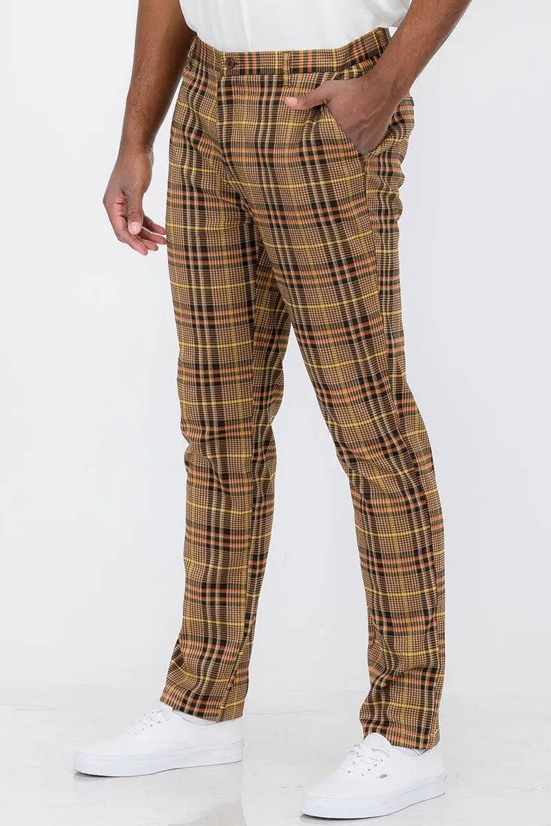 Brown Plaid Slim Fit Trouser Pants