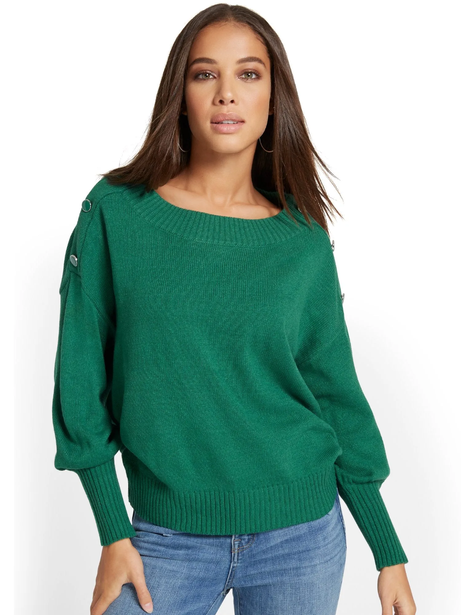 Button-Shoulder Pullover Sweater