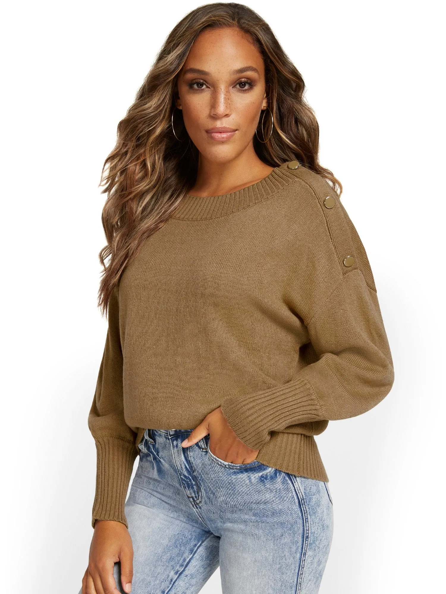 Button-Shoulder Pullover Sweater