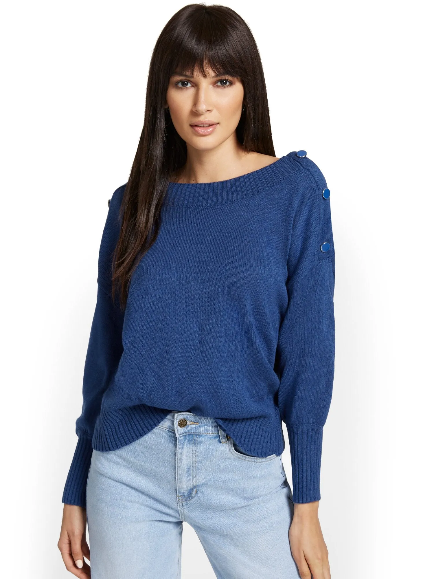 Button-Shoulder Pullover Sweater