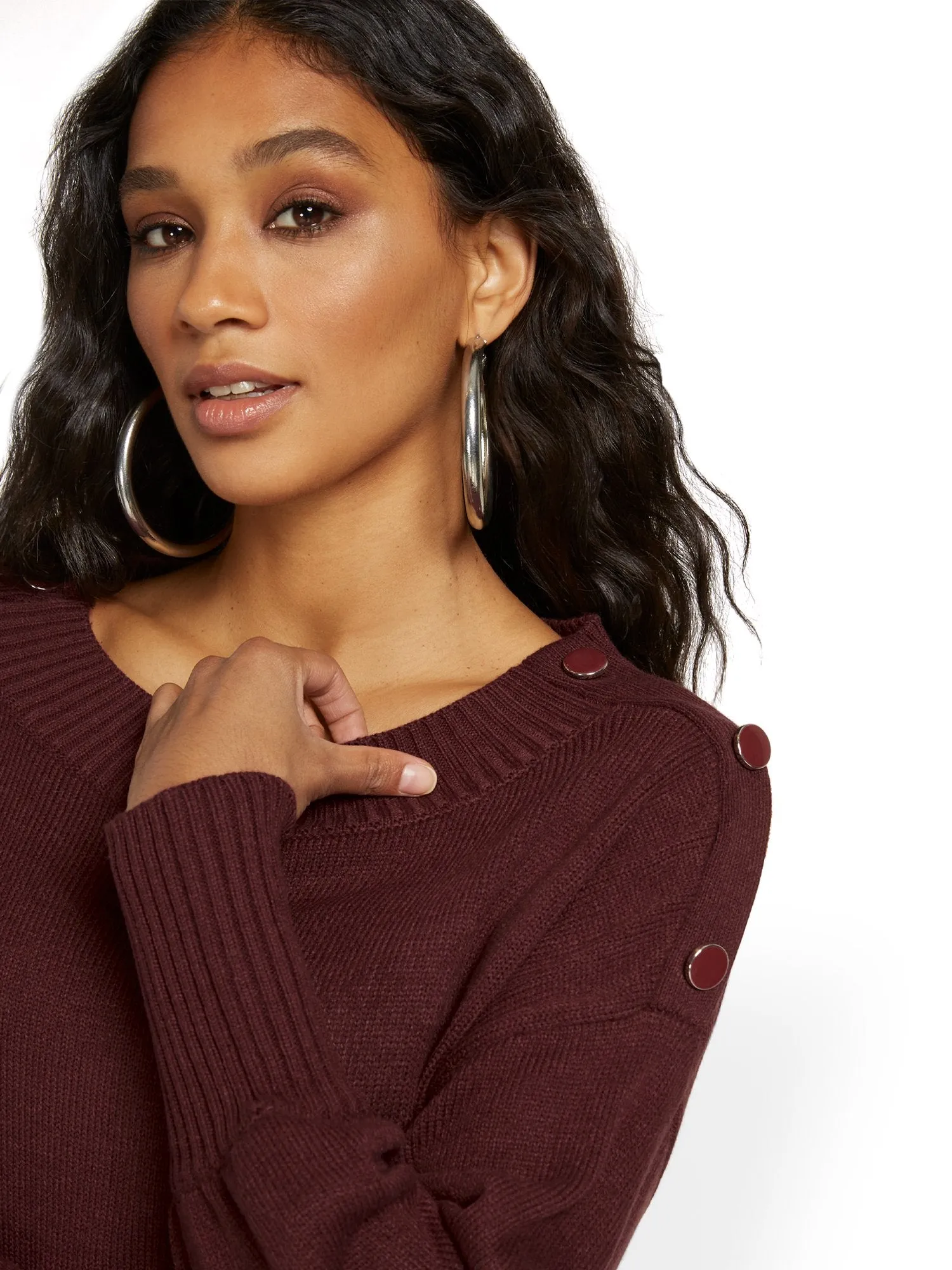 Button-Shoulder Pullover Sweater