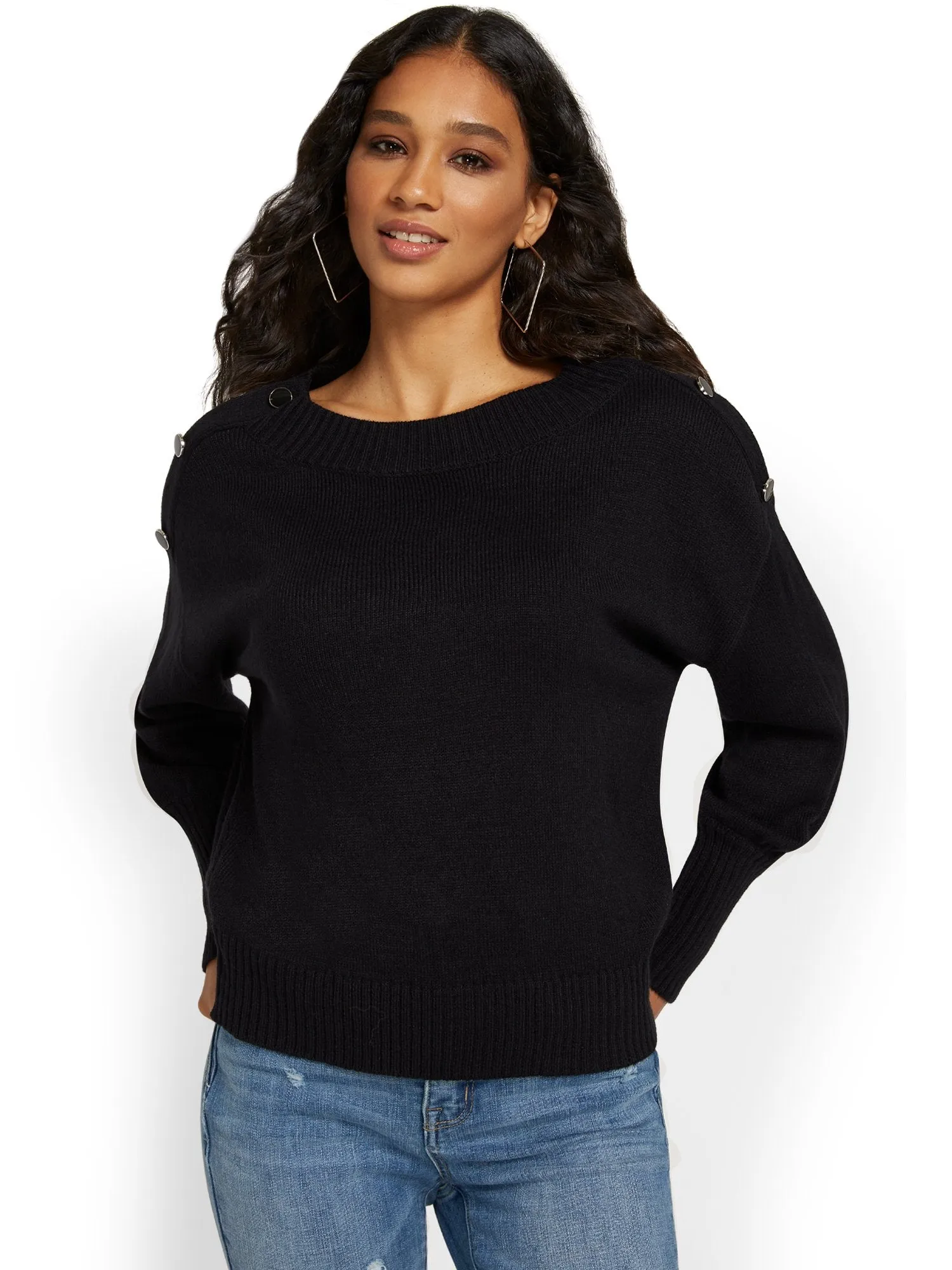 Button-Shoulder Pullover Sweater